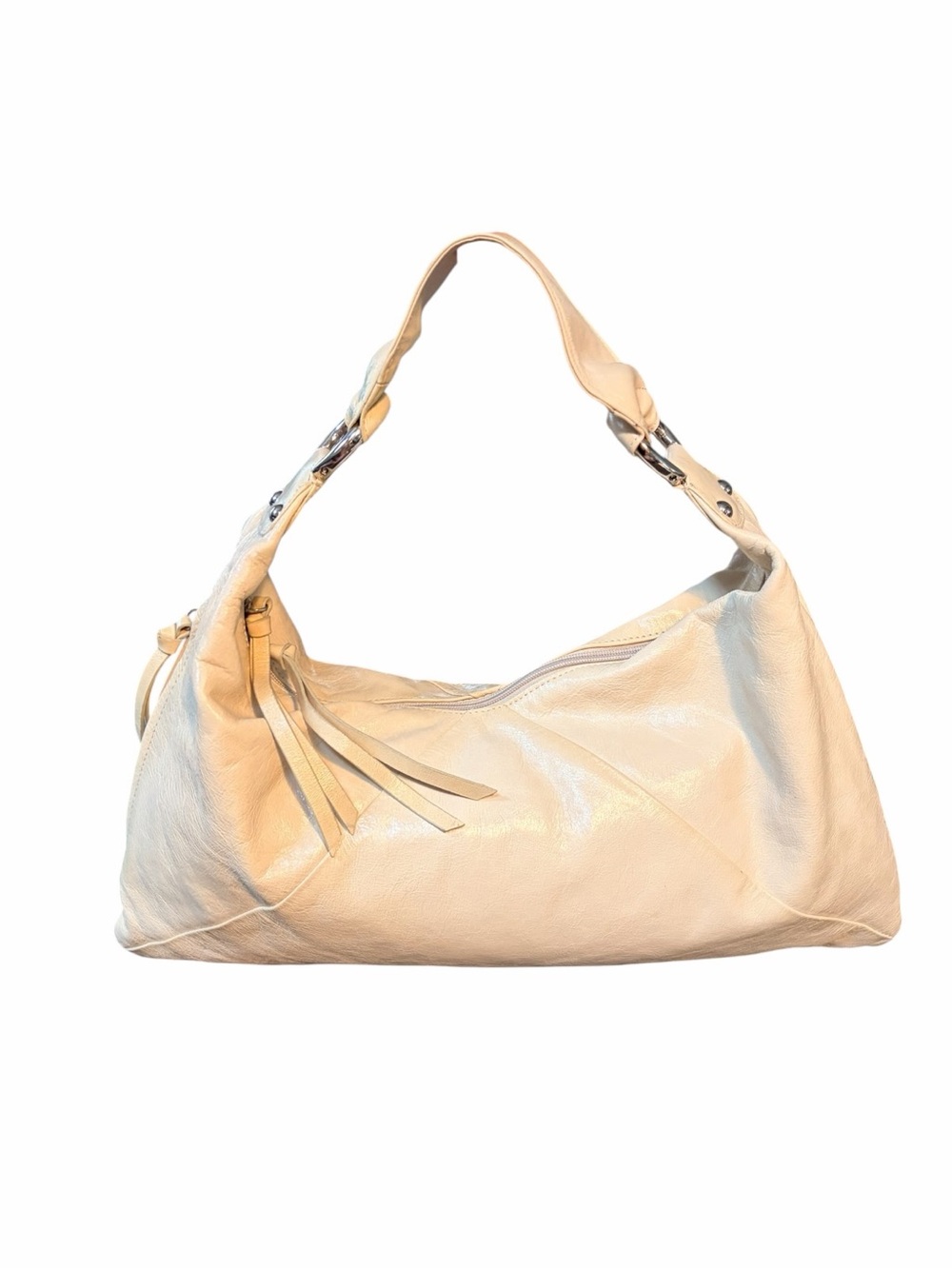 HOBO Cream Leather Shoulder Hobo with Tassel